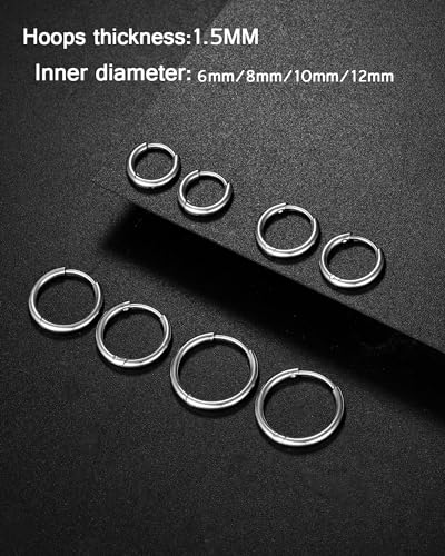 316L Surgical Stainless Steel Huggie Hoop Earrings 6mm 8mm 10mm 11mm 12mm 14mm Hypoallergenic Earrings Hoop Cartilage Helix Lobes Hinged Sleeper Earrings For Men Women - style: "(DIA 6/8/10/12) THK 1.5mm Silver"