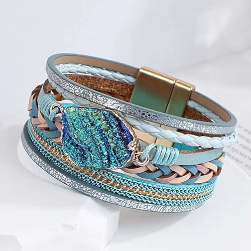 Fesciory Leather Wrap Bracelet for Women, Boho Western Layered Cuff Jewelry | Stackable Bracelets, Easy-On Clasp, Daily Wear, Pairs with Boho Western Outfits, Gift for Women - color: Blue2
