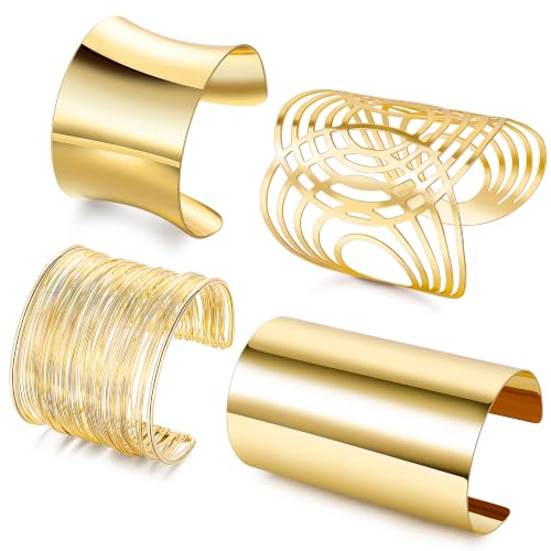 4PCS Chunky Cuff Bracelets Set for Women Hammered Chunky Bracelets Adjustable Open Wide Wire Bracelets Irregular Minimalist Coil Bangle Set Gold Silver Upper Arm Punk Jewelry - color: Gold A