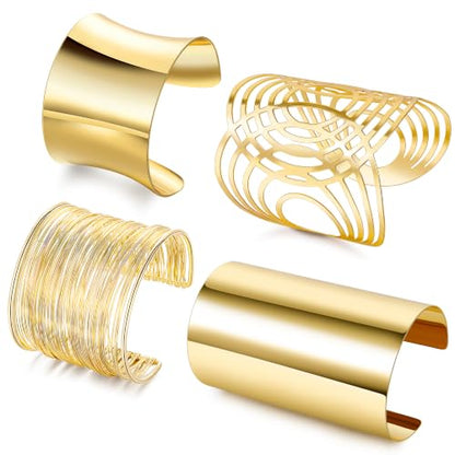 4PCS Chunky Cuff Bracelets Set for Women Hammered Chunky Bracelets Adjustable Open Wide Wire Bracelets Irregular Minimalist Coil Bangle Set Gold Silver Upper Arm Punk Jewelry - color: Gold A