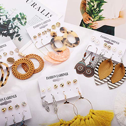 47 Pairs Trendy Boho Teardrop Geometric Acrylic Rattan Statement Dangle Drop Earrings for Christmas - style: A-47 Pairs Rattan Tassel Earrings