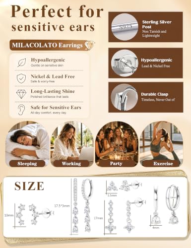 MILACOLATO 5 Pairs 925 Sterling Silver Earrings for Women Trendy Ear Stacks | 14K Gold Plated Stud Huggie Hoop Earrings Set Hypoallergenic CZ Pearl Dangle Earring Prom Bridal Bridesmaids Wedding Jewelry - color: Silver - 2 Pairs of CZ Hoops + 3 Pairs of C