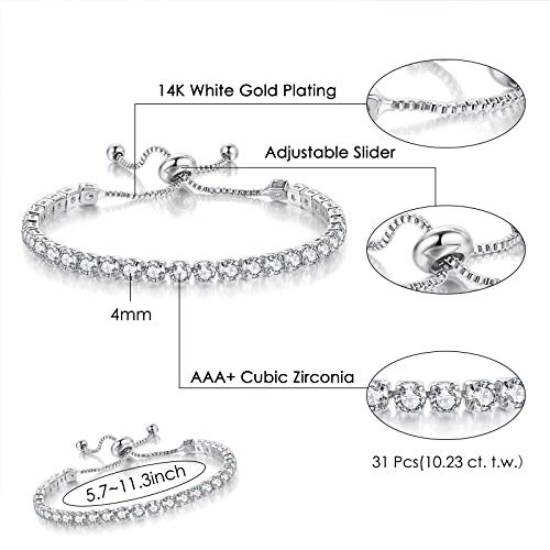 3 Pcs Tennis Bracelets for Women 14K Gold Plated 4mm 5A+ Cubic Zirconia CZ Diamond Classic Adjustable Slider Bracelet Fashion Jewelry Wedding Gift Size 6.5-7.5 Inch - color: White Gold
