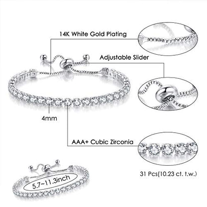 3 Pcs Tennis Bracelets for Women 14K Gold Plated 4mm 5A+ Cubic Zirconia CZ Diamond Classic Adjustable Slider Bracelet Fashion Jewelry Wedding Gift Size 6.5-7.5 Inch - color: White Gold