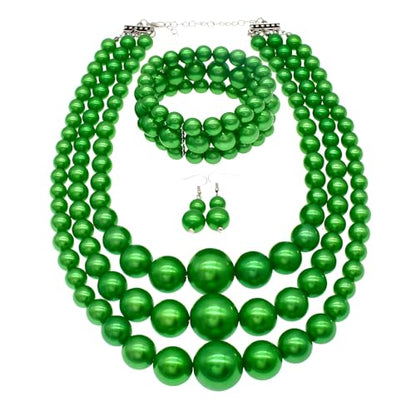 Big Chunky Pearl Necklace and Earrings Set Large Costume 1920s Faux Pearls Gatsby Accessories - color: A-Green