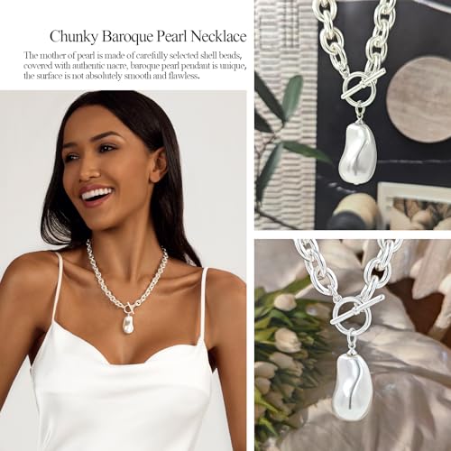 IMBOS 14K Gold Plated Chunky Chain Choker Necklaces for Women Chunky Gold Necklace Tennis Necklace for Women CZ Love Chain Cuban Link Choker Jewelry Gifts - color: Silver-Baroque Pearl Necklace
