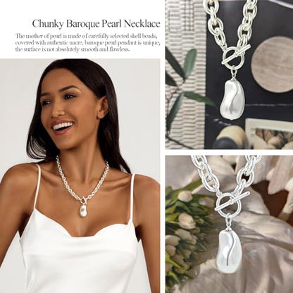 IMBOS 14K Gold Plated Chunky Chain Choker Necklaces for Women Chunky Gold Necklace Tennis Necklace for Women CZ Love Chain Cuban Link Choker Jewelry Gifts - color: Silver-Baroque Pearl Necklace