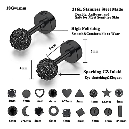 18Pairs 20G 18G Stainless Steel Tiny Stud Earrings for Women Cartilage Helix Earrings Ball Star CZ Earrings - color: Black, size: 18G