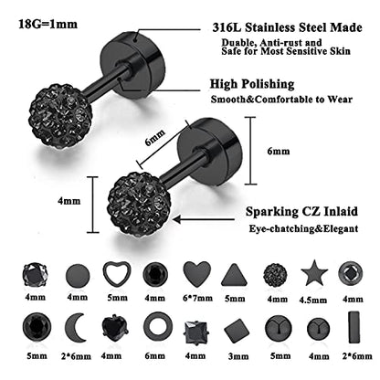18Pairs 20G 18G Stainless Steel Tiny Stud Earrings for Women Cartilage Helix Earrings Ball Star CZ Earrings - color: Black, size: 18G