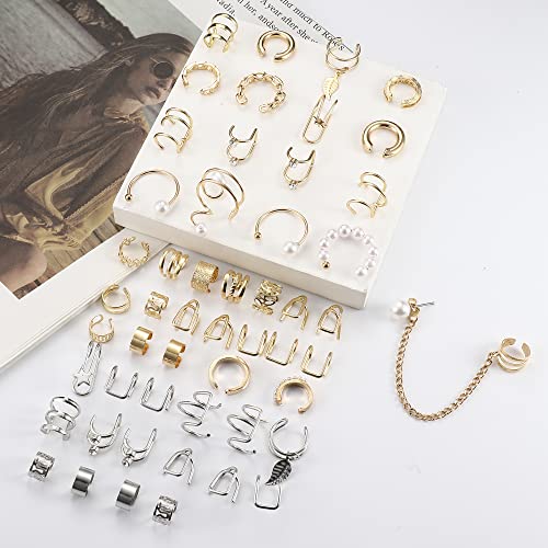 Dochais Ear Cuff Non Piercing for Women Cartilage Clip on Earrings | Gold and Silver Ear Cuffs Helix Cartilage, Fake Earrings, Wrap Earrings, Non Piercing Ear Clip Cartilage - style: A-52 Pcs(Gold/Silver)