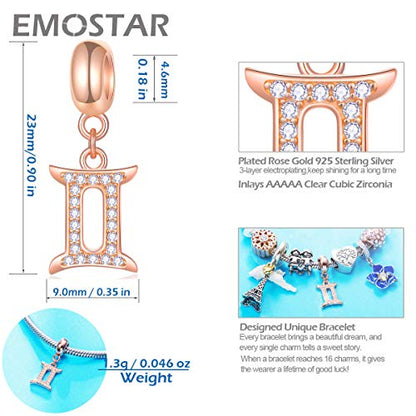 EMOSTAR Zodiac Sign Charms fits European Charm Bracelet – Rose Gold 925 Sterling Silver Necklace Pendant, 12 Horoscope Constellation Dangle CZ Birthstone Beads, Gifts for Women/Men/Birthday - color: Gemini (5.21 – 6.20)