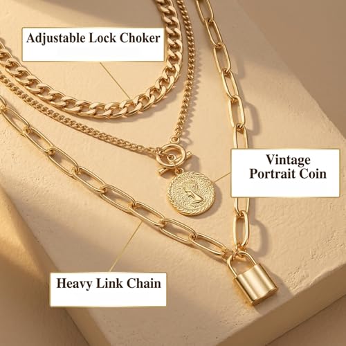QCWN Gold Layered stacked Necklaces for women 3PS Chunky Statement Necklaces Stack Mixed Metal Charm Necklace for Women Trendy Coin Jewelry Gift for Her Gifts - style: Layered stack 8
