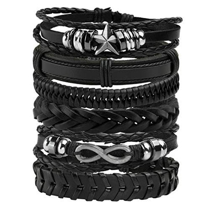 Leather Braided Bracelet Cuff Wrap Wristband for Men Women Adjustable - color: A:6pcs