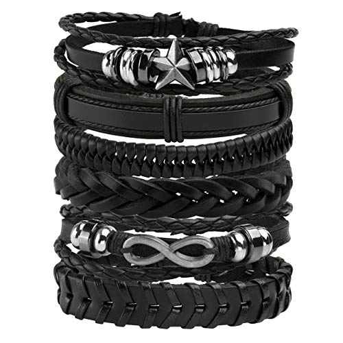Leather Braided Bracelet Cuff Wrap Wristband for Men Women Adjustable - color: A:6pcs