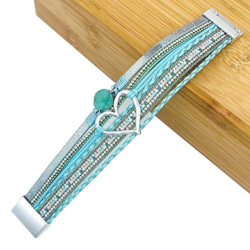 Womens Love Heart Leather Wrap Bracelet Multi-layer Stacked Bangle | Magnetic Clasp Soft PU Leather Resin Stone Rhinestone Boho Style Birthday Valentine Christmas Bohemian Jewelry Gift - color: Sky Blue