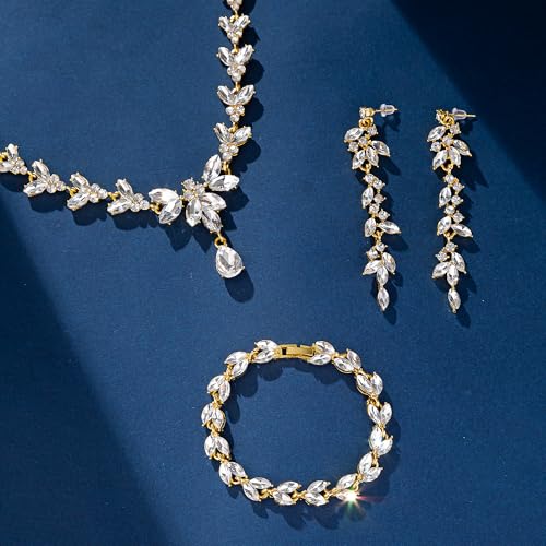 Paxuan Wedding Jewelry Sets for Bride Bridesmaid Bridal Jewelry Set for Women Wedding Crystal Necklace Earrings Bracelet Set for Party Prom Jewelry - color: White - 14K Gold