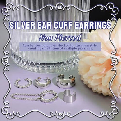 5 Pcs Thin Chunky Ear Cuff Earrings for Women 14K Gold Plated Brass Ear Cuffs Non Piercing Trendy Clip on Cartilage Earrings Cubic Zirconia Fake Piercings Earrings Jewelry - color: Chunky,Chain Silver