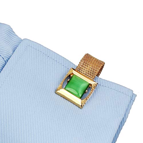HAWSON Mens Cufflinks with Chain - Stone and Shiny Gold Tone Shirt Accessories - Party Gifts for Young Men - color: 24K Gold Color+Green Cats Eye