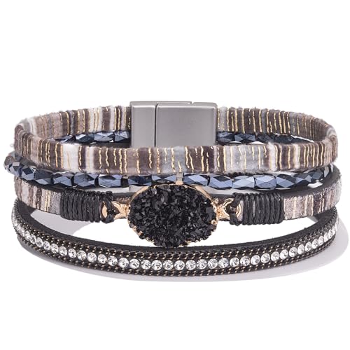 Boho Chunky Leather Wrap Bracelets Stackable Beaded Western Country Jewelry | Crystal Bead Trendy Layered Cuff Magnetic Clasp Stack Bohemian Statement Costume Outfits Cowgirl Fashion Hippie Accessories - color: Boho Black, size: 7.7"