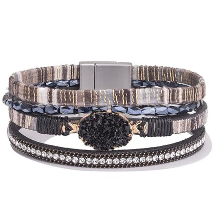 Boho Chunky Leather Wrap Bracelets Stackable Beaded Western Country Jewelry | Crystal Bead Trendy Layered Cuff Magnetic Clasp Stack Bohemian Statement Costume Outfits Cowgirl Fashion Hippie Accessories - color: Boho Black, size: 7.7"