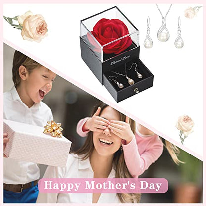 EleQueen 925 Sterling Silver CZ Freshwater Cultured Pearls Bridal Pendant Necklace Earrings Wedding Jewelry Sets, Valentine's Day/Mother's Day/Christmas Gift - style: 02-Preserved Real Rose Box+Ivory Pearl Jewelry Set