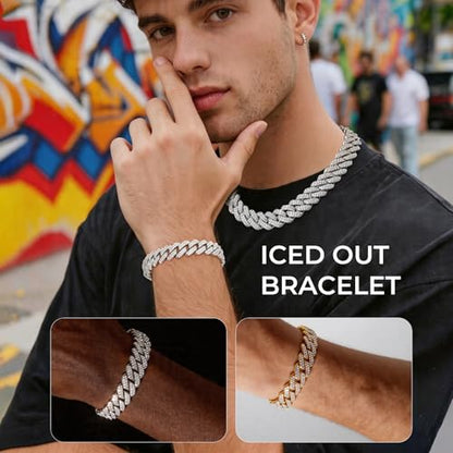 Mens Cuban Link Chain Iced Out Miami Cuban Necklace/Bracelet |14mm Silver & Gold Plated Chains | Bling Diamond Hip Hop Jewelry For Men Women - color: Silver, size: 8 inches