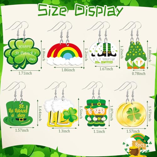 8 Pairs St Patricks Day Acrylic Earrings for Women | Shamrock Clover Dangle Earrings, Ireland St Patricks Day Gifts Parade Party Accessory, Lightweight Acrylic, Double Side - style: St Patrick's Day