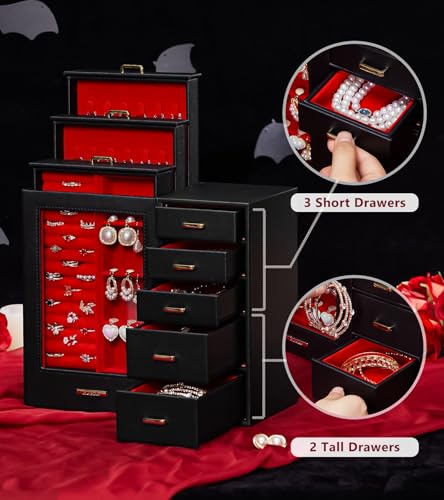 Homde Large Jewelry Box/Organizer/Case with Glass Window, Drawers for Necklaces Earrings Rings Bracelets Watches Gift for Women Girls - color: Black + Red+ Gold