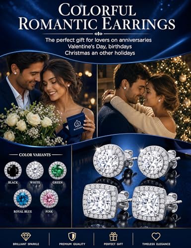 2 Pairs S925 Sterling Silver Stud Earrings for Women Halo Cubic Zirconia | 14K Gold Plated Hypoallergenic Non Tarnish Round Square Silver Stud Earring for Women Men Dainty Trendy Jewelry - style: Silver-Small Stone