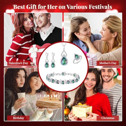 Wedding Jewelry Set for Women Bride Bridesmaid | Gorgeous Cubic Zirconia Teardrop Necklace Earrings Bracelet Adjustable Ring Jewelry Gift for Birthday/Anniversary - color: 16-Vitrail Light Silver-Tone