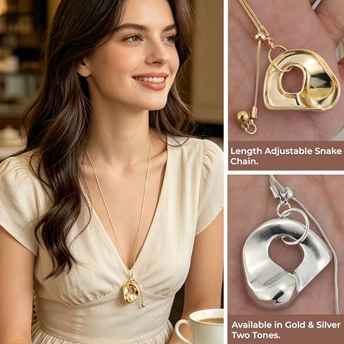 2Pcs Gold Silver Tone Long Pendant Necklace Oval for Women Adjustable, Minimalist Chunky Snake Chain Necklace, Dainty Statement Long