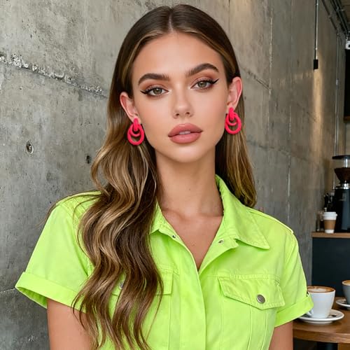 Gold Chunky Earrings for Women Geometric Knot Link Drop Dangle Earrings 14K Gold Plated Statement Earrings Trendy Gold Jewelry - color: Style 1-Pink