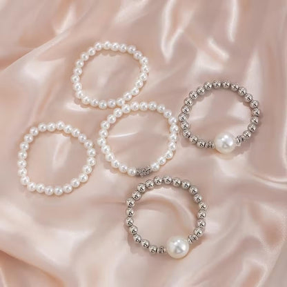 5-Piece Faux Pearl Stackable Bracelet Set, Fashion Layered Beaded Hand Jewelry with Rhinestone Accents for Women - color: Silver, size: One Size