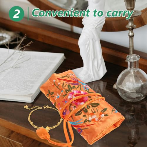 Cabilock Embroidered Jewelry Roll Bag Handmade Flower Brocade Jewelry Bag Organizer with Zip Pocket Travel Pouch for Earrings Bracelets Necklaces Cosmetic Brushes 10.62 X 7.87 X 0.19 in