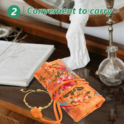 Cabilock Embroidered Jewelry Roll Bag Handmade Flower Brocade Jewelry Bag Organizer with Zip Pocket Travel Pouch for Earrings Bracelets Necklaces Cosmetic Brushes 10.62 X 7.87 X 0.19 in
