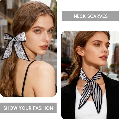 ZXZH 6 Pack Fashion Scarves for Women, Versatile Boho Head Scarf | Satin Scarf for Hair, Neck, Wrist, and Purse Accessories - color: Black & White Check