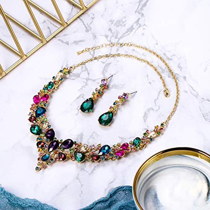 Women's Wedding Statement Necklace Dangle Earring Jewelry | Austrian Crystal Teardrop Cluster,Necklaces Earrings Set for Bride Bridesmaid,Prom Accessories - color: 11-Multicolor Gold-Plated-Base