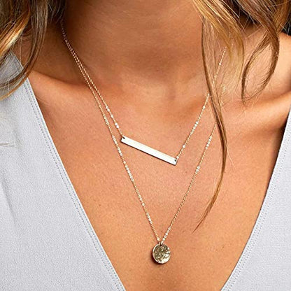 Turandoss Dainty Layered Choker Necklace, Handmade Y Pendant Necklace Multilayer Bar Disc Necklace Adjustable Layering Choker Necklaces for Women - style: "3PCS - simulated Pearls&Bar&Hammered Disc