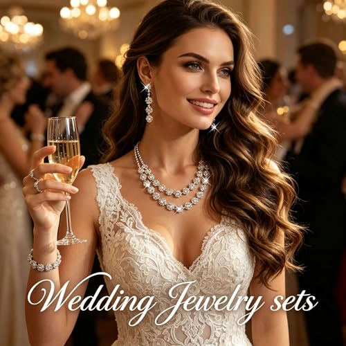 Rhinestone Bridal Wedding Jewelry Set，Crystal Necklace Earrings Bracelet Sets Formal Costume Jewelry for Women and Brides - color: SILVER
