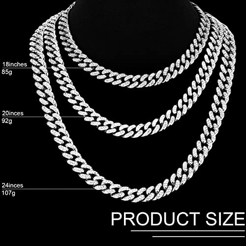Batiyeer 3 Pcs Cuban Link Chain Necklace Bracelet Rhinestone Hoop Earrings Bling Crystal Hip Hop Jewelry for Women(20 Inch,Silver) - color: Silver, size: 20 Inch