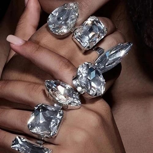 7PCS Sparkling Water Crystal Rings Collection, Adjustable Opening Alloy Accessories for Evening Oversized Crystal Cocktail Rings