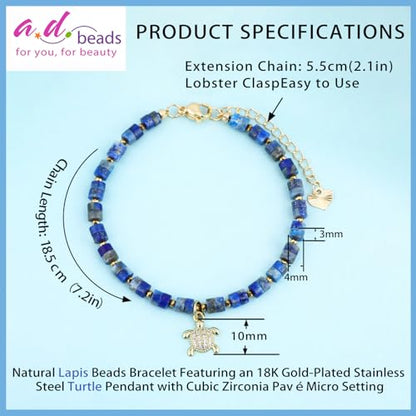 Natural Gemstone Healing Crystal Dainty Charms Bracelet Adjustable Chain Extender Minimalist Jewelry - color: Lapis + Turtle