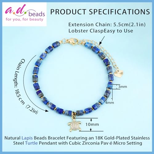 Natural Gemstone Healing Crystal Dainty Charms Bracelet Adjustable Chain Extender Minimalist Jewelry - color: Lapis + Turtle