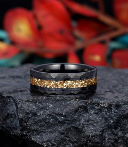 8mm Black Tungsten Mens Wedding Band with Moss Agate/Emerald/Citrine | Amethyst/Aquamarine, Gothic, Birthstone, Hammered, Engagement Promise Ring, Anniversary Valentine Day Birthday Gift for Him - style: Yellow Citrine