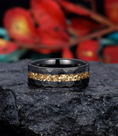 8mm Black Tungsten Mens Wedding Band with Moss Agate/Emerald/Citrine | Amethyst/Aquamarine, Gothic, Birthstone, Hammered, Engagement Promise Ring, Anniversary Valentine Day Birthday Gift for Him - style: Yellow Citrine