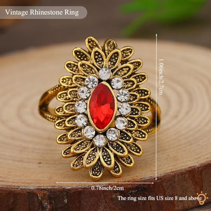 Boho Retro Rhinestone Ring Ethnic Big Flower Crystal Finger Ring Trendy Statement Tribal Indian Dance Costume Ring Jewelry for Women - color: Gold-red