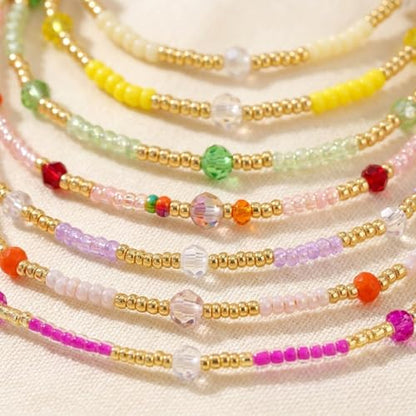 Colorful Stackable Rice Small Mini Seed Beaded Bracelets Set For Women, Handmade Dainty Boho Gold Glass Stretch Accessories Jewelry,Summer Beach Party Daily Friendship Gift - color: 7Pcs Gold Crystal