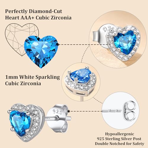 Bestyle 8mm Small Birthstone Earrings for Women with Hypoallergenic Sterling Silver Post,Sparkle Heart/Round Womens Studs Earrings, Great Birthday/Christmas/Anniversary Jewelry for Wife Mother - color: 12. Dec. Blue Topaz-Heart
