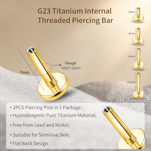 limerencia 16G/18G Hypoallergenic Internal Threaded Titanium Bar Post Replacement,Flat Back Stud Earrings Post Medusa Helix Couch Labret Bar for Women Men Sensitive Ears(A Pair) - color: gold tone, size: 16G-7mm