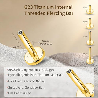 limerencia 16G/18G Hypoallergenic Internal Threaded Titanium Bar Post Replacement,Flat Back Stud Earrings Post Medusa Helix Couch Labret Bar for Women Men Sensitive Ears(A Pair) - color: gold tone, size: 16G-7mm